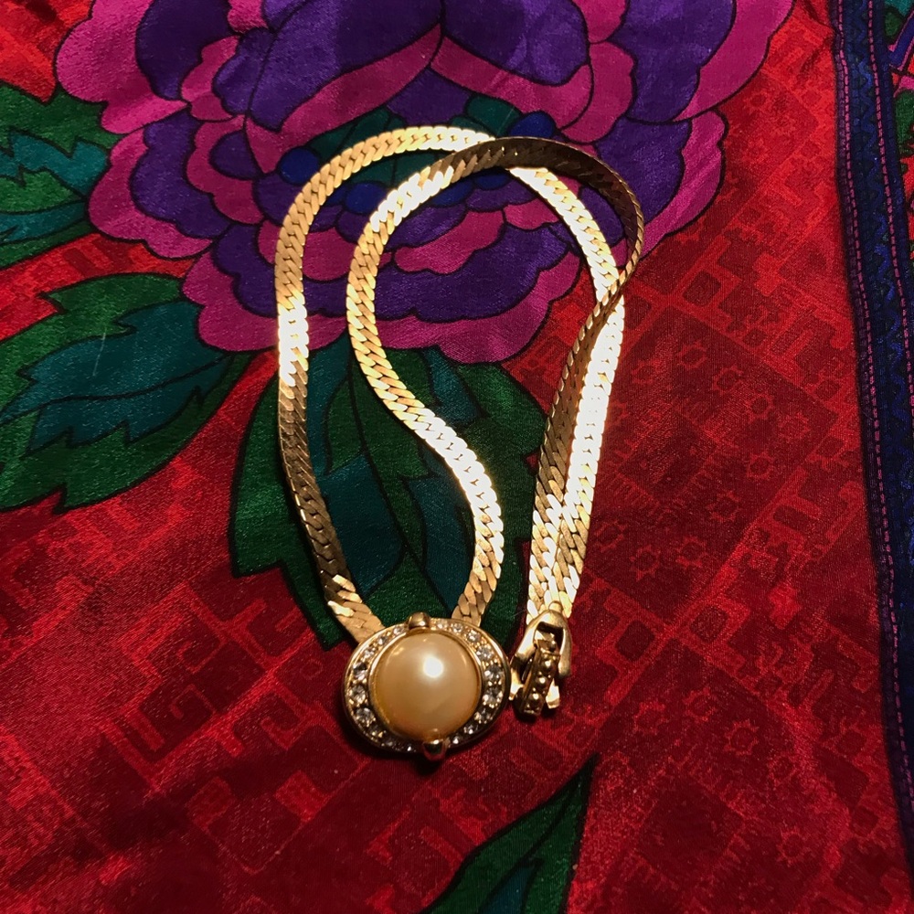 Vintage Gold Necklace Pearl Diamond Accent Layer Cahin